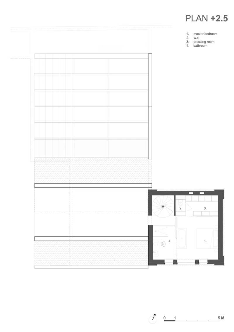 Floor plan drawing at level two-and-a-half showing bedroom spaces and two large terrace areas with hatching