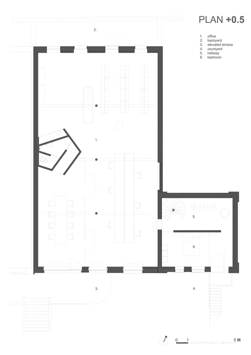 Ground floor plan drawing showing an office with angled entrance stairs and adjacent terrace and hallway spaces