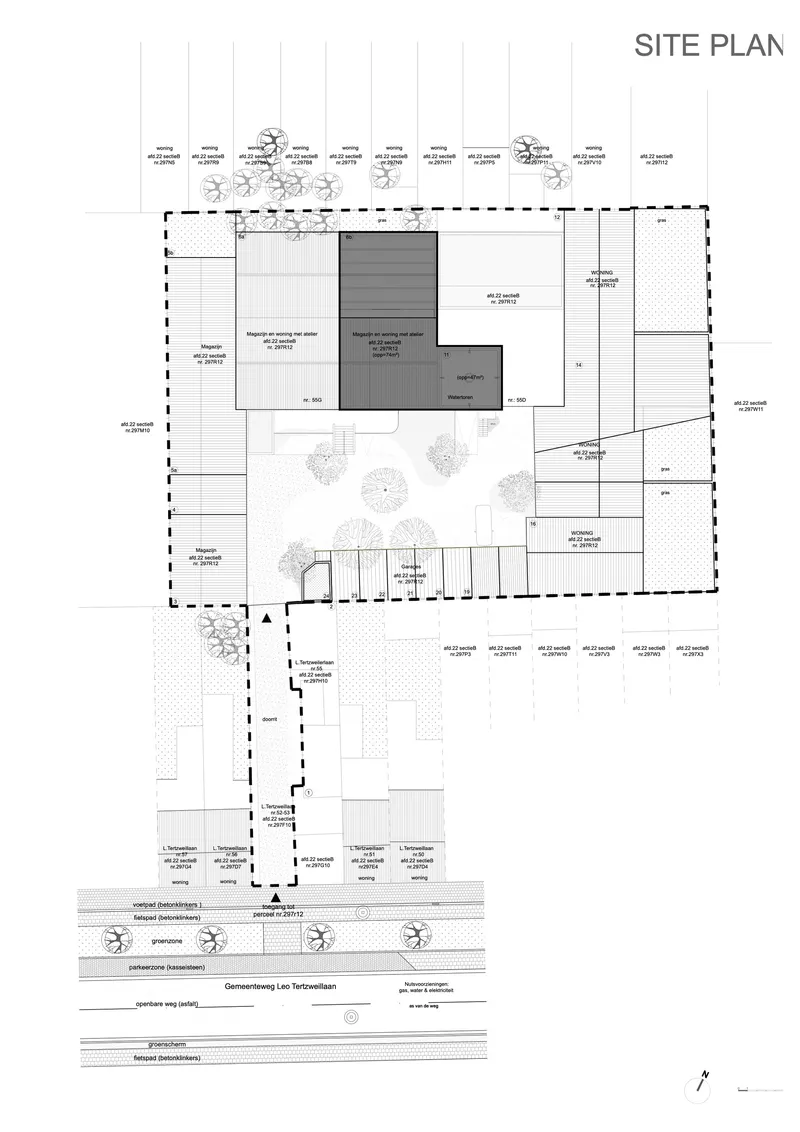 Site plan drawing showing building footprints in gray with courtyard trees and street trees along the perimeter