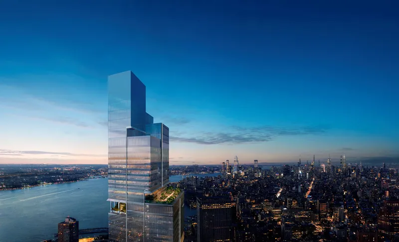 Glass tower overlooking the river and cityscape at twilight