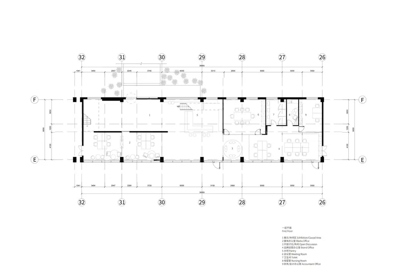 Floor plan drawing showing open office areas with workstations, meeting rooms, and central circulation