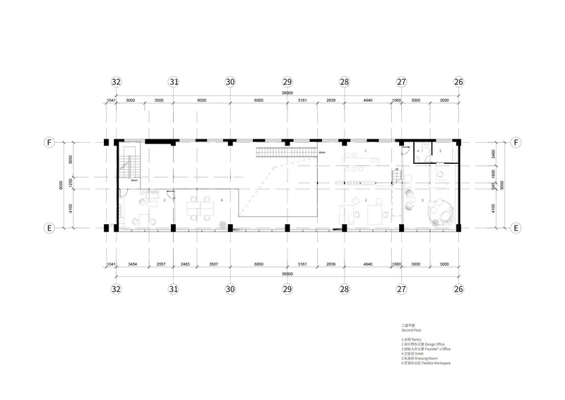 Floor plan drawing showing open workspace with central core, restrooms, and enclosed meeting areas
