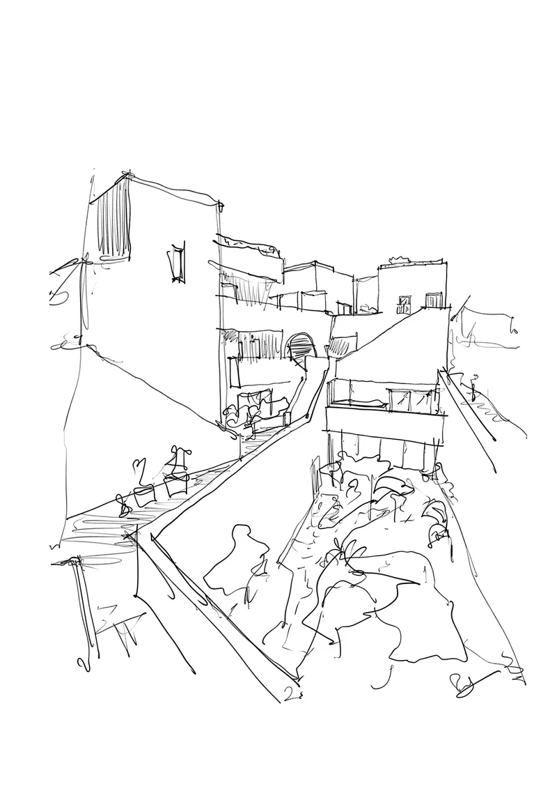Sectional sketch showing multi-level interior spaces with stairs, figures, and natural landscape elements