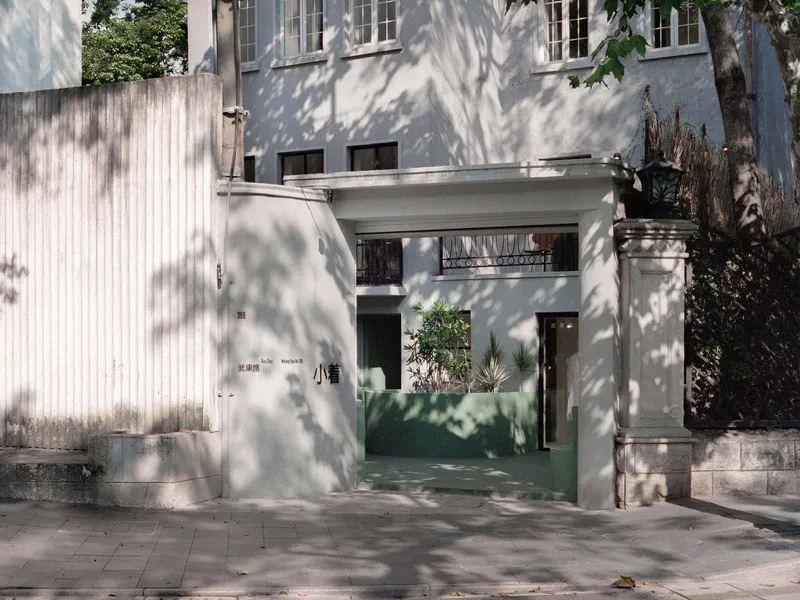 Street entrance with green metal gate and white facade dappled with tree shadows