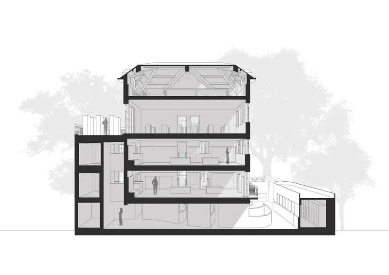 Section drawing revealing multi-storey interior with exposed timber truss roof and figures on stepped floors