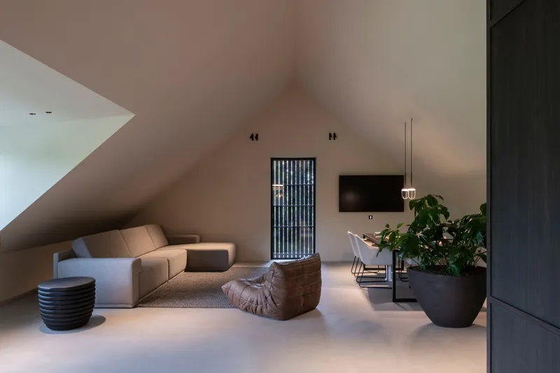 Upper level lounge beneath the sloped plaster ceiling with fluted glass door and potted greenery