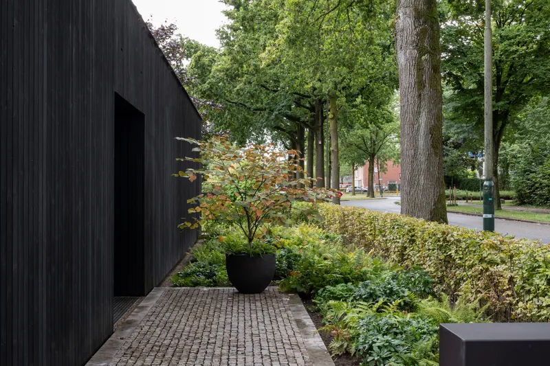 Brick paving leading to black timber facade with single door opening beside a potted Japanese maple and hedge