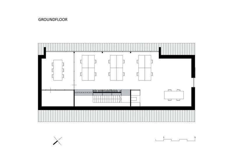 Ground floor plan showing four meeting rooms, central stair, and covered terrace