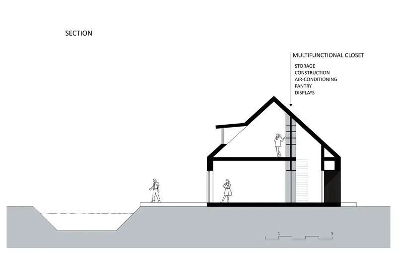 Section drawing showing pitched roof form, two-story interior, and multifunctional closet detail