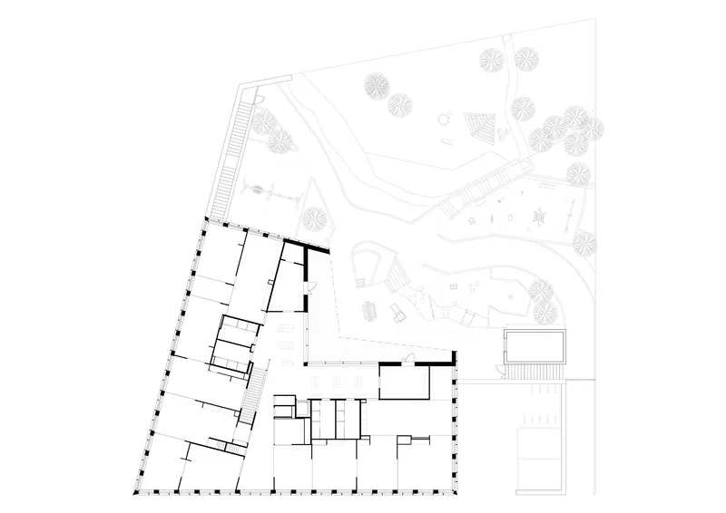 Upper floor plan drawing showing interior spaces adjacent to a landscaped terrace with planted trees
