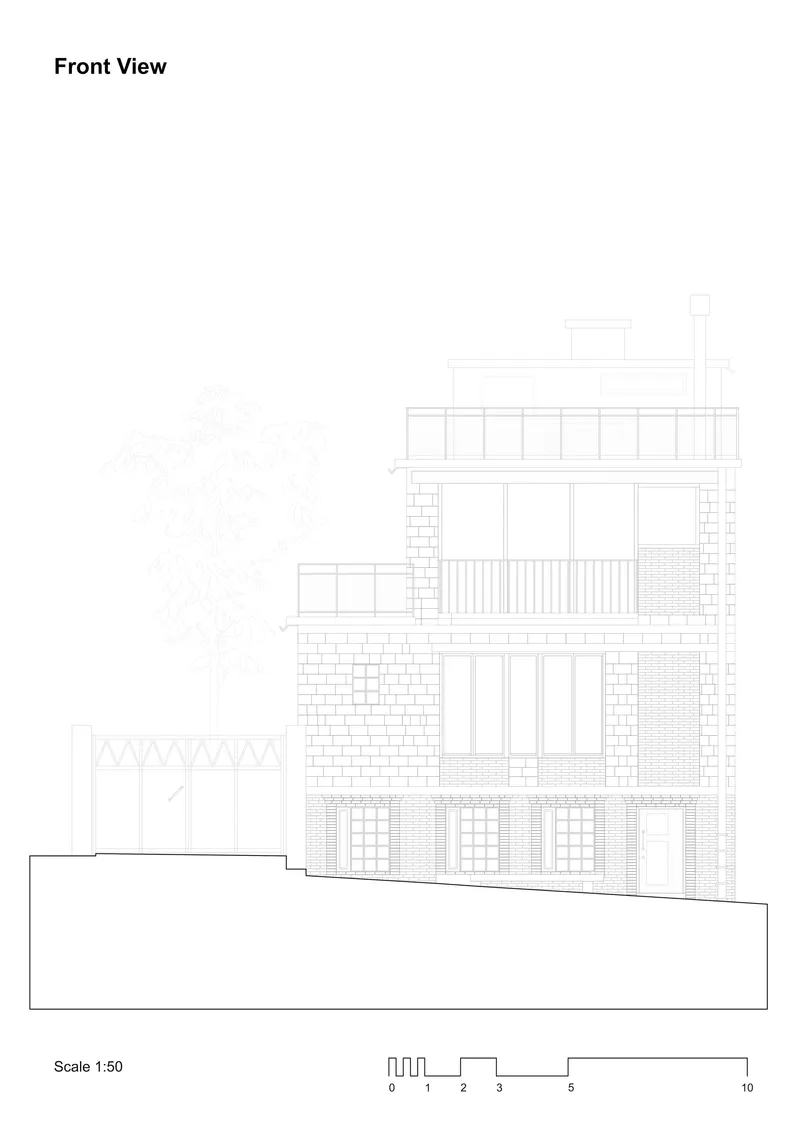 Front elevation drawing showing a multi-story facade with varied materials including masonry and vertical siding on a sloped site