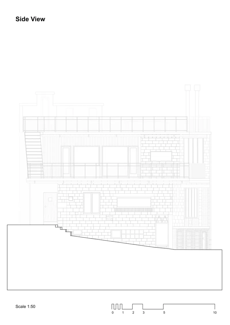 Side elevation drawing depicting stacked volumes with mixed cladding and stepped terrain below