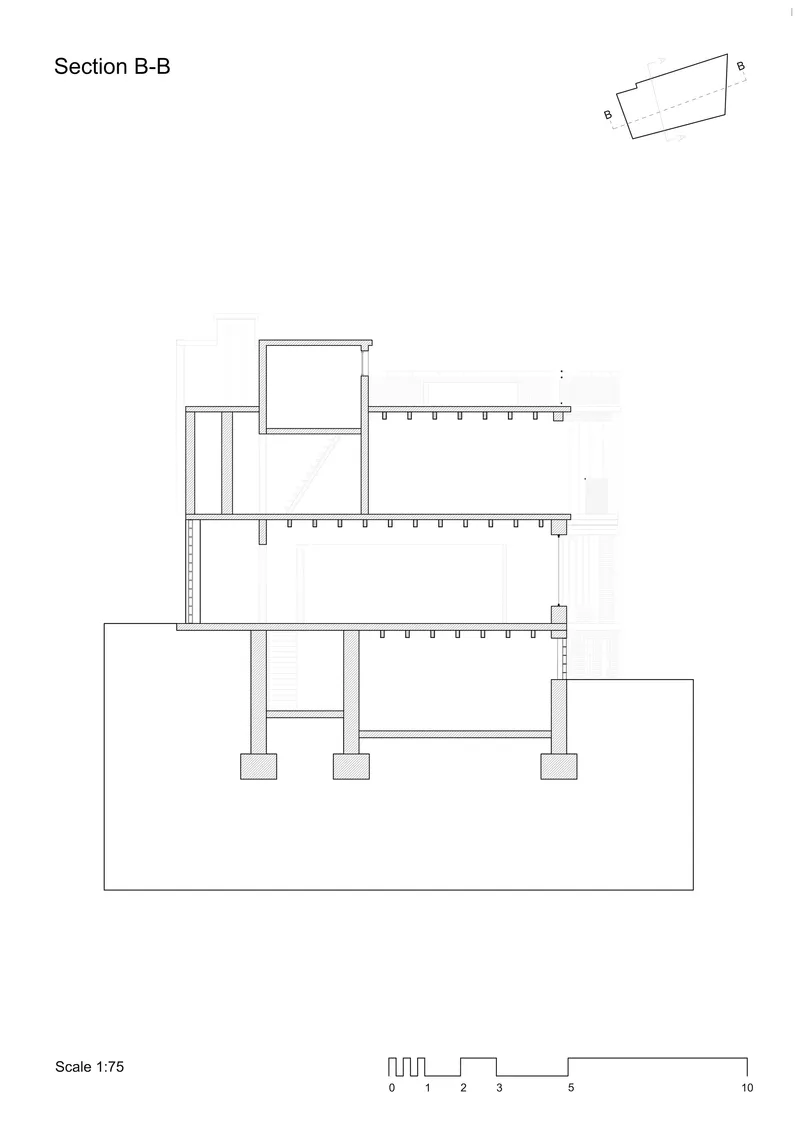 Section B-B drawing showing offset floor plates and structural support on raised foundations