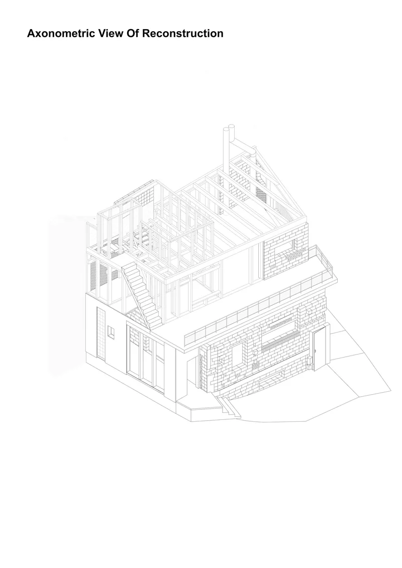 Axonometric drawing exposing framing structure, staircase, and masonry walls in exploded detail