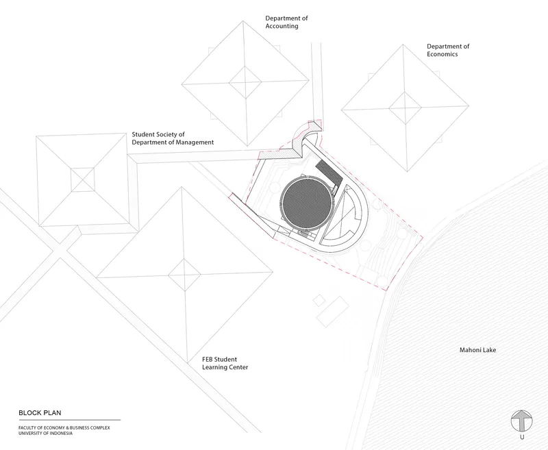 Block plan drawing showing a circular volume among diamond-shaped departmental buildings near a lakeshore
