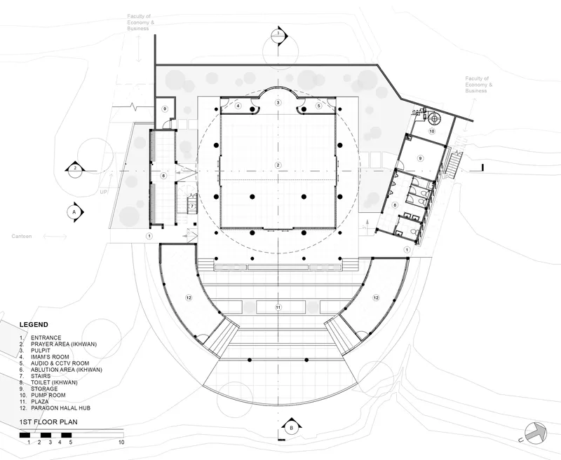 First floor plan drawing depicting a circular prayer hall with surrounding ancillary spaces and curved steps