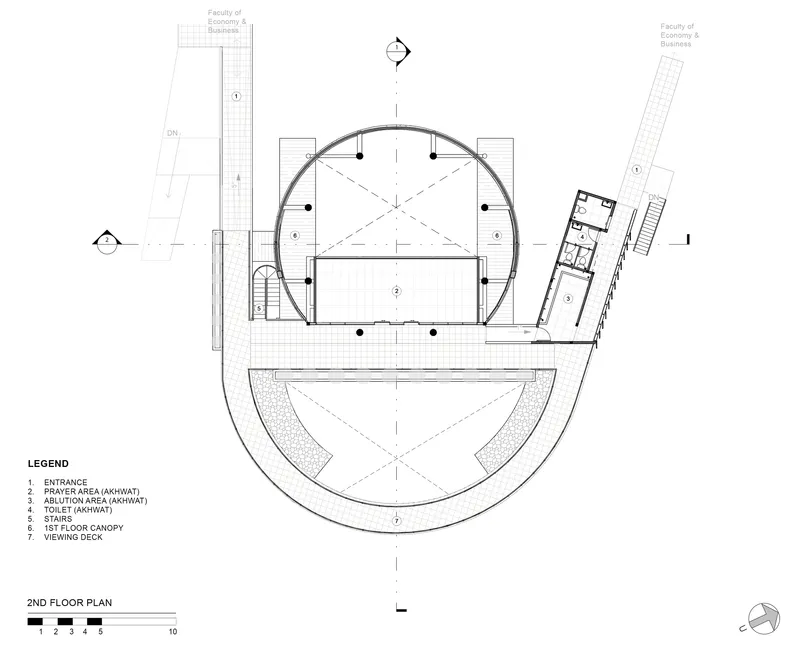 Second floor plan drawing showing a semicircular prayer area with viewing deck and support rooms