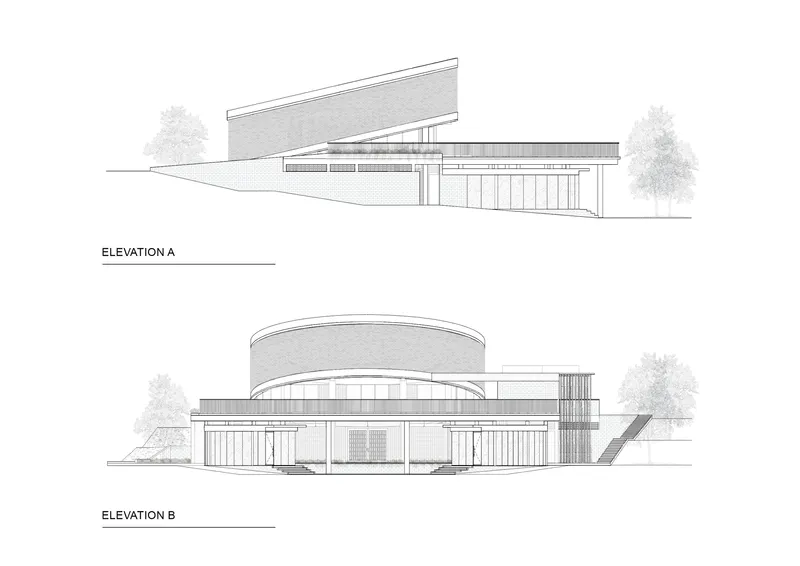 Elevation drawings showing the curved dome volume with horizontal louvers flanked by trees