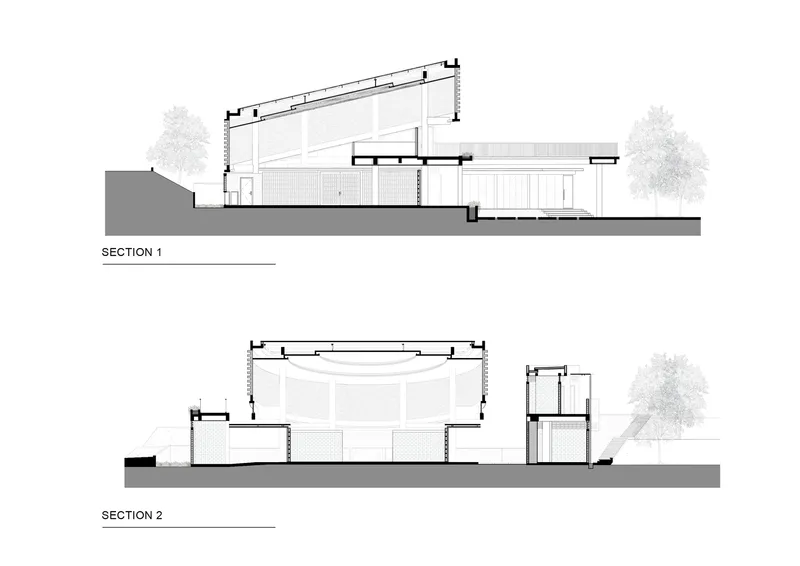 Section drawings revealing the interior spatial volumes beneath the angled roof and curved dome