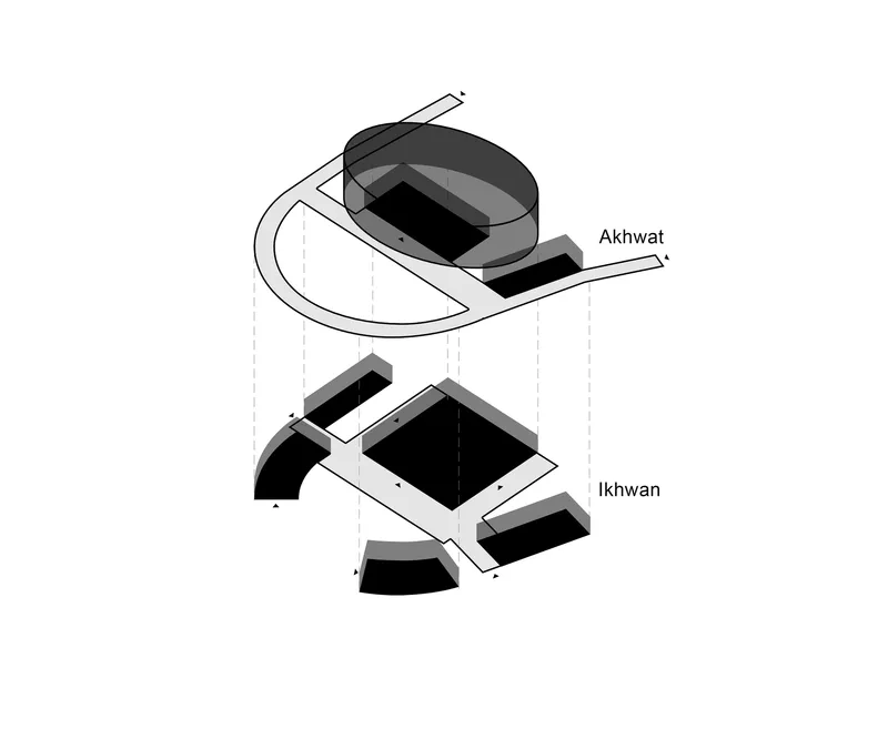 Axonometric diagram illustrating the spatial relationship between the curved rooftop element and the rectangular volumes below