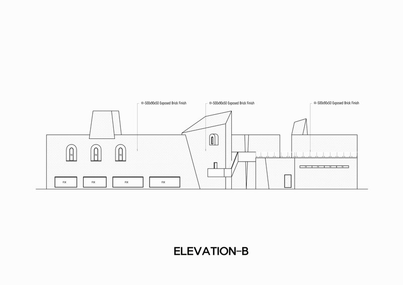 Elevation drawing depicting arched openings in a textured base with slanted rooftop forms and canopy