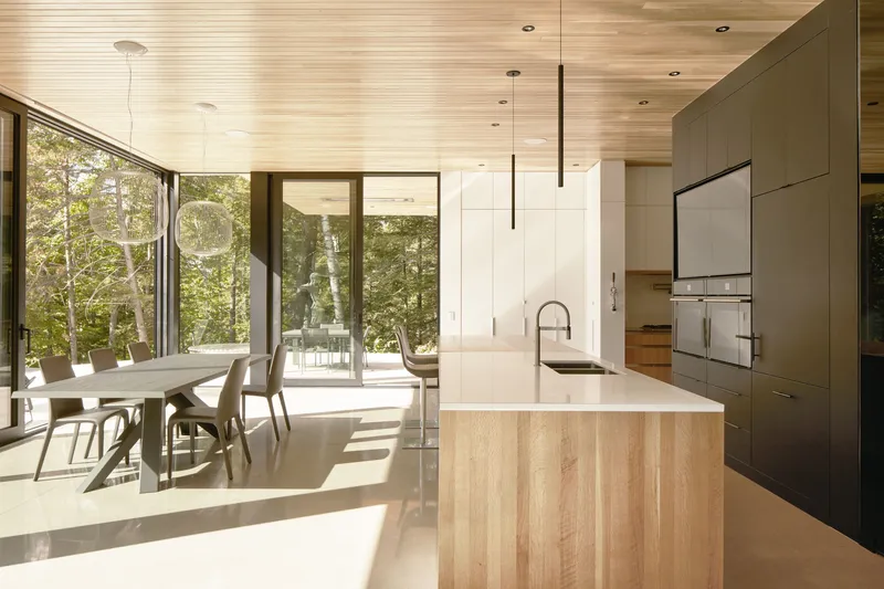 Open kitchen and dining area with timber island and full-height glazing to the forest terrace