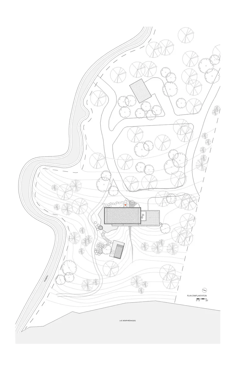 Site plan drawing showing the residence and outbuilding among contoured topography and scattered tree canopies