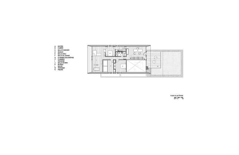 Upper floor plan drawing showing bedroom and bathroom layout with terraces on either end