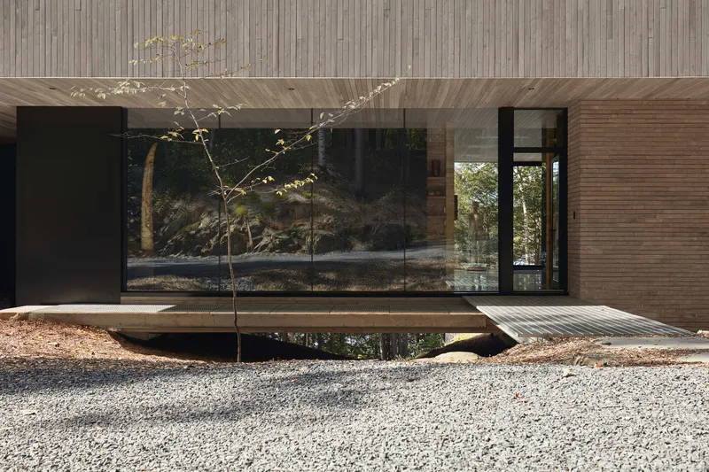 Courtyard entry with single sapling emerging from a reflecting pool on white gravel