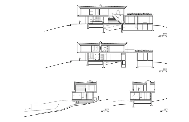 Section drawings illustrating the split-level volumes on sloping terrain with timber columns and exposed structure