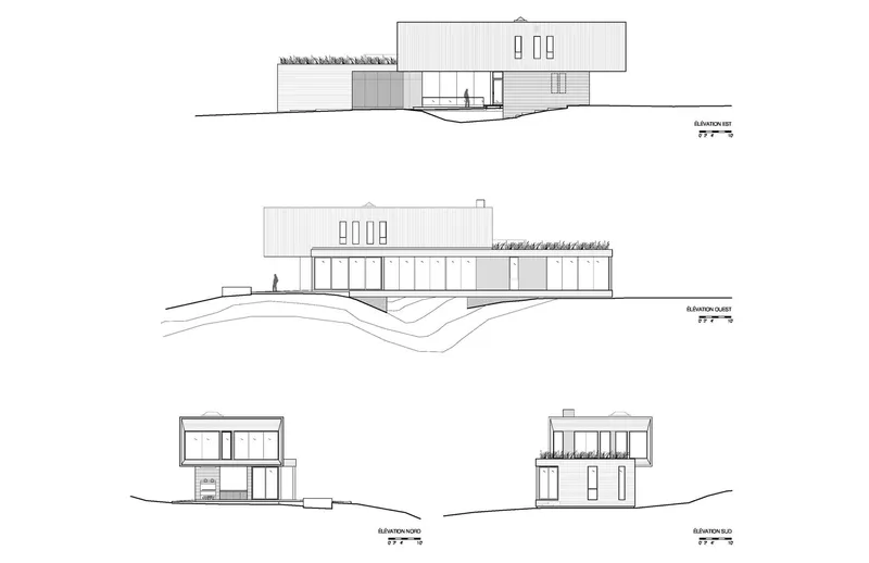 Elevation drawings showing four views of a two-story house with vertical siding on sloping terrain