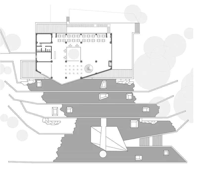 Floor plan drawing showing courtyard with circular stair and terraced platforms among trees