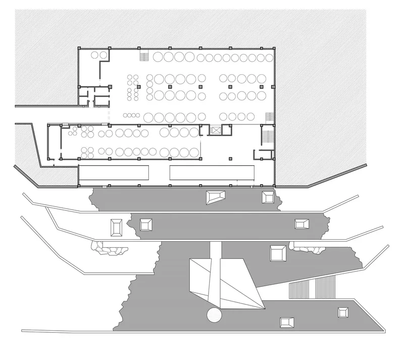 Floor plan drawing showing three stacked levels with seating areas and stepped terraces