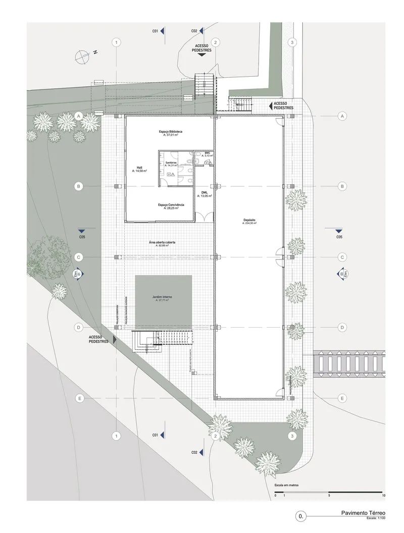 Ground floor plan drawing depicting a rectangular building with central pool and surrounding planted areas