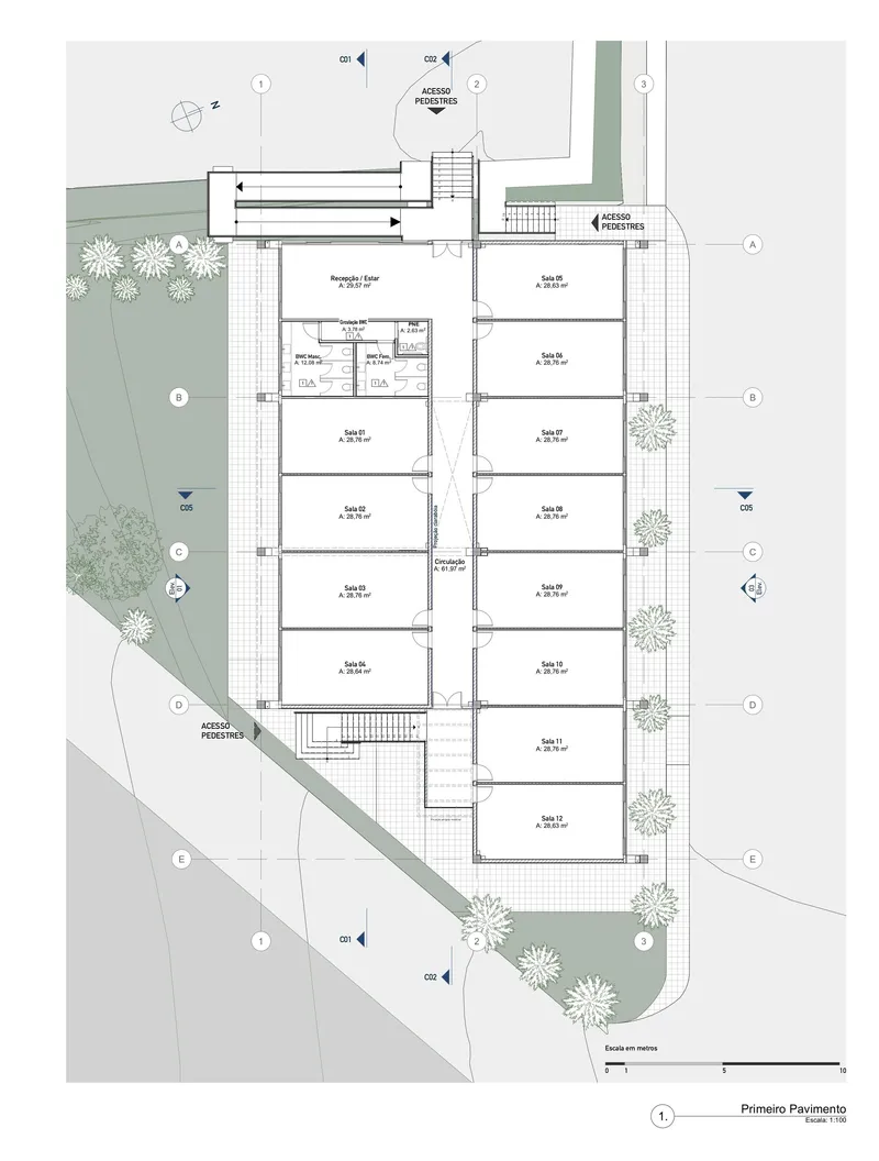First floor plan drawing showing a series of repetitive rooms flanking a central staircase