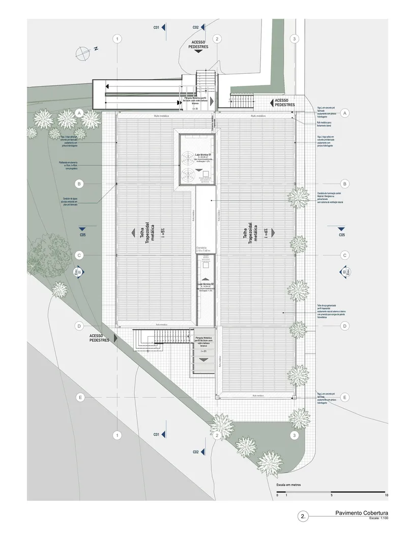 Roof plan drawing illustrating deck surfaces with central skylight and perimeter planting zones