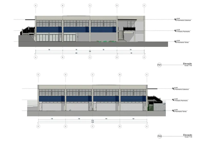 Elevation drawings displaying the front and rear facades with blue banding and grid glazing