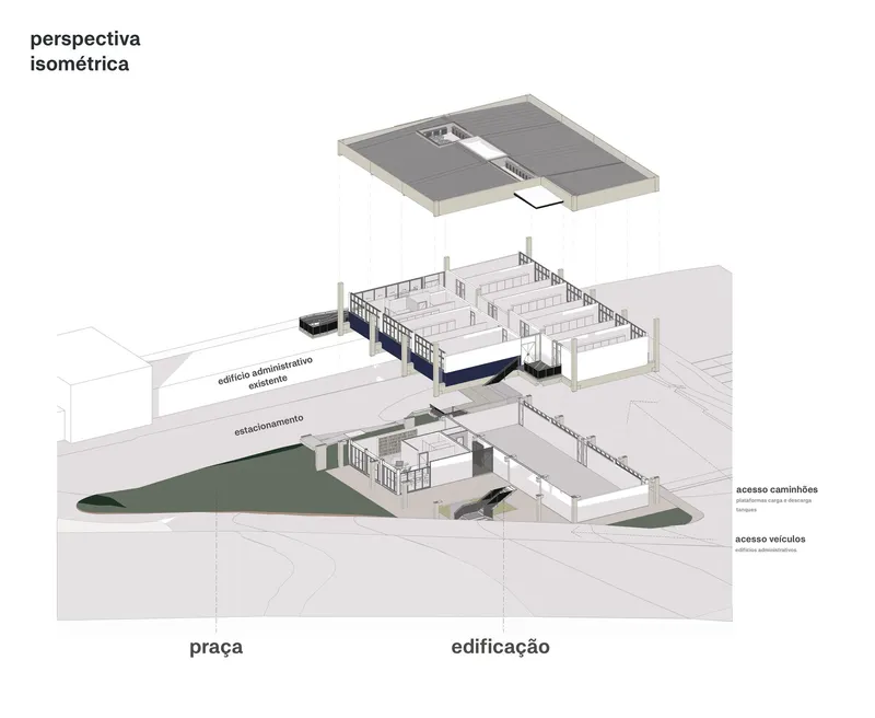 Exploded isometric drawing revealing roof plane, elevated administrative offices, parking level, and public plaza below