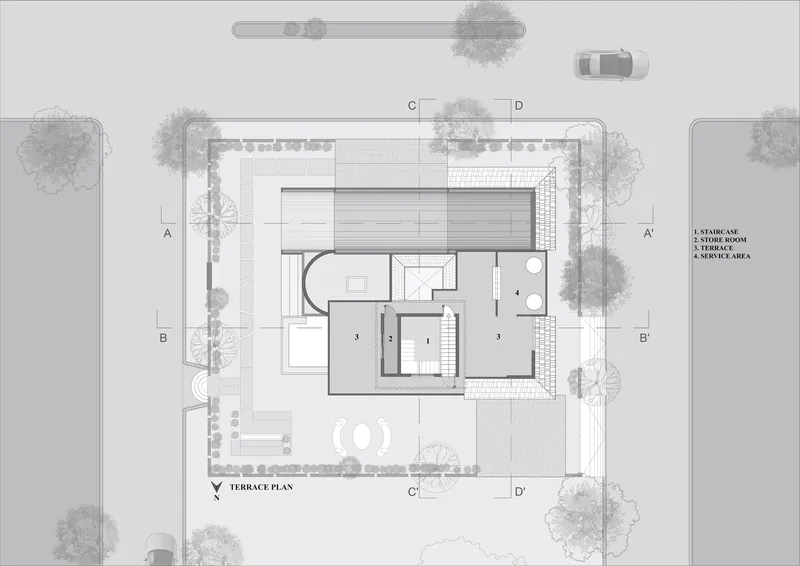 Terrace plan drawing revealing rooftop areas with a circular water feature and storage zones