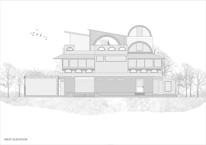 West elevation drawing featuring arched openings and layered horizontal volumes framed by trees