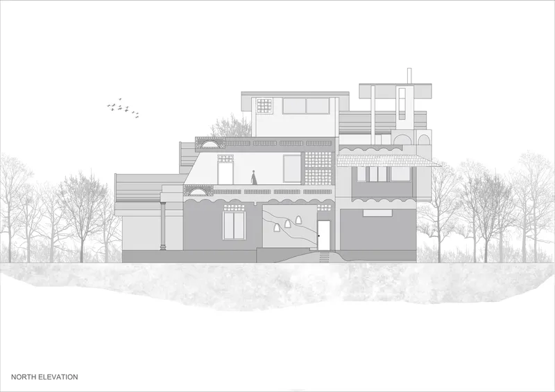 North elevation drawing displaying stacked volumes with varied window patterns and perforated screens
