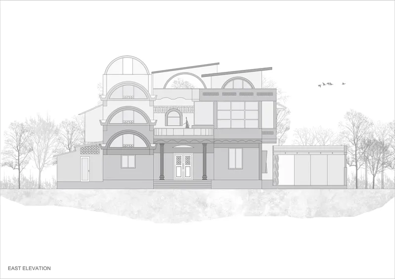 East elevation drawing showing arched openings and stepped roof terraces with silhouetted trees