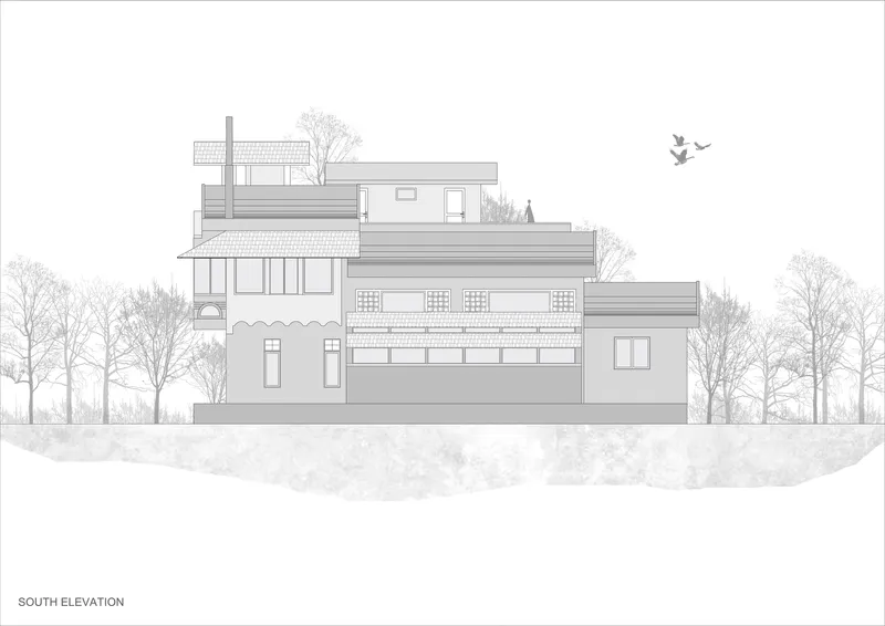 South elevation drawing depicting terraced levels with rooftop garden and birds overhead
