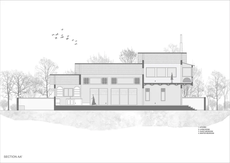 Section drawing revealing interior spaces with double-height volumes and a flock of birds