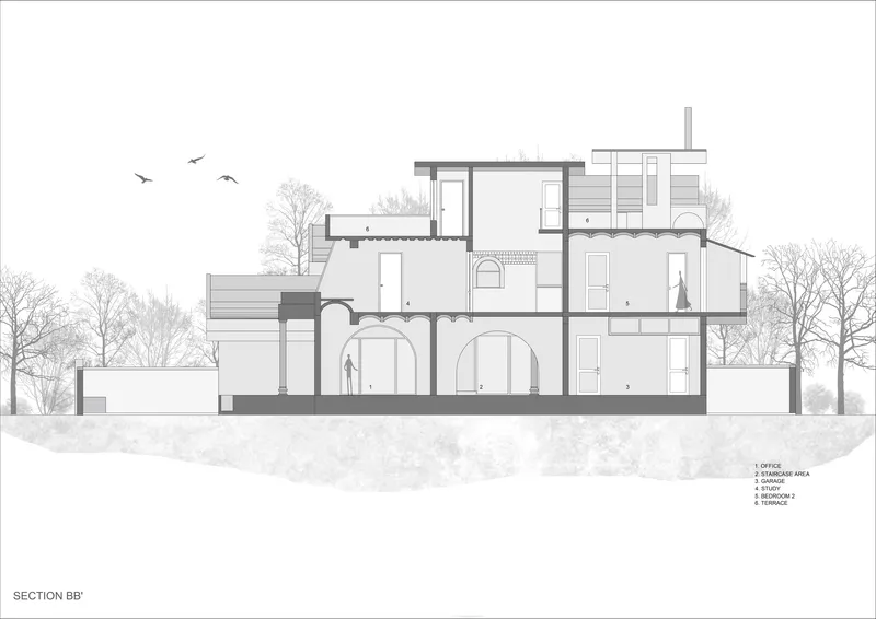 Section drawing showing arched interior spaces and roof terraces with flying birds