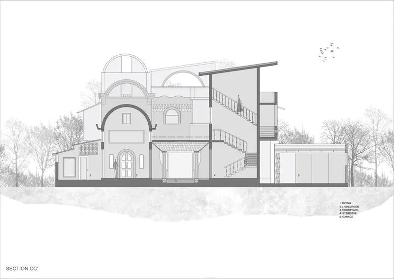 Section drawing displaying arched volumes and internal staircases with birds in flight