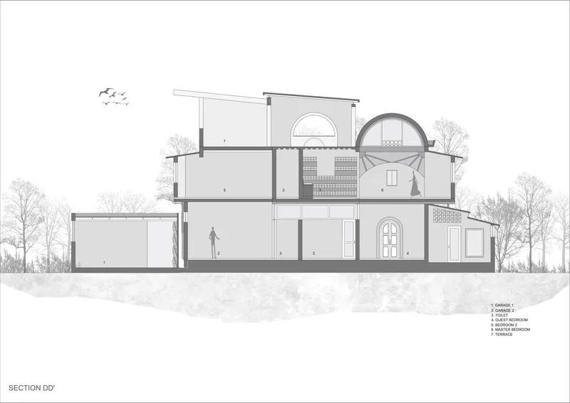 Section drawing featuring circular and arched openings with figure silhouettes and birds