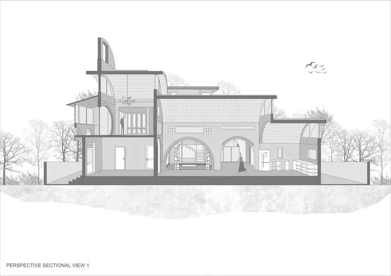 Perspective section drawing showing arched volumes, interior stairs, and rooftop terraces with trees and birds in the background