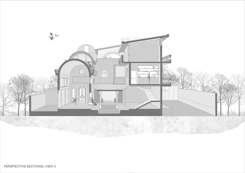 Perspective section drawing revealing the central atrium, staircases, and layered volumes with surrounding deciduous trees and birds
