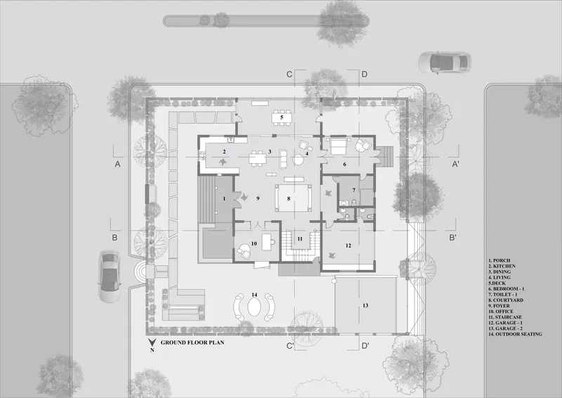Ground floor plan drawing indicating interior rooms and a curved pool element in the courtyard